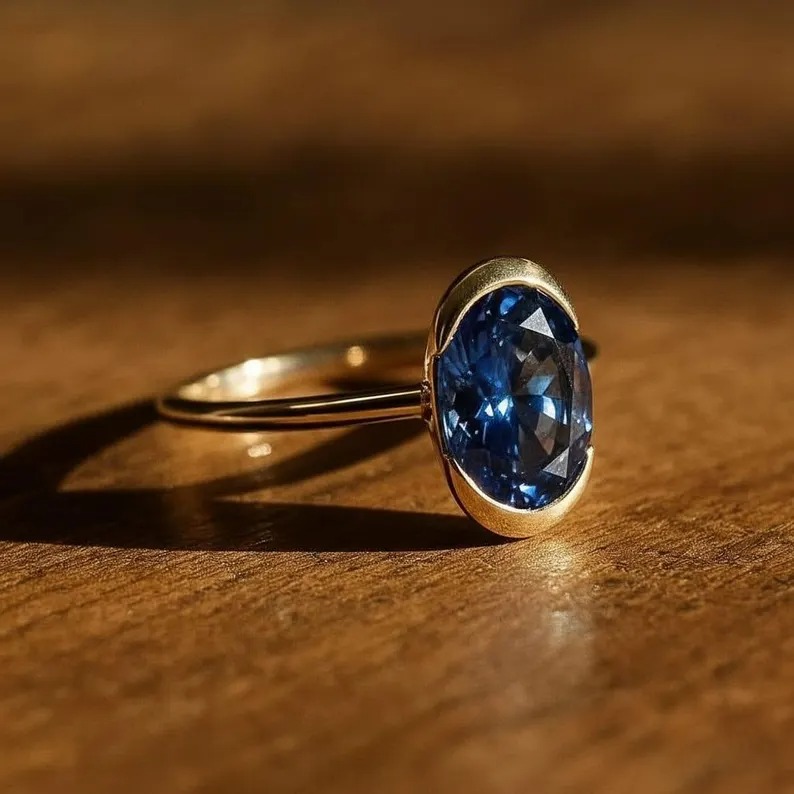 3 CT Fancy Half Bezel Setting Oval Cut Sapphire Engagement Ring, Solitaire Oval Wedding Ring, Personalized Jewelry, Sapphire Gifts For Women