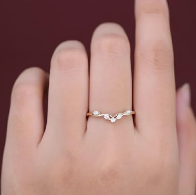 Marquise Cut Moissanite Curved Wedding Band, Unique Yellow Gold Diamond Ring, Matching Stackable Band Ring, Anniversary Bridal Promise Ring