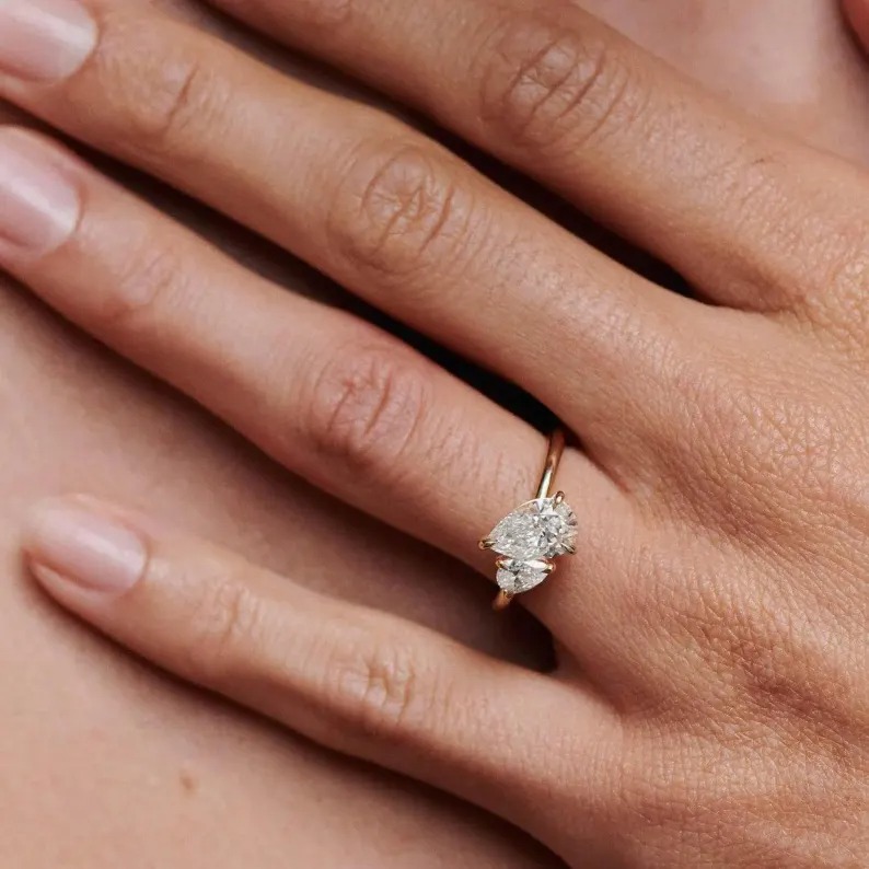 Toi Et Moi Moissanite Engagement Ring, Moissanite Pear Cut Baby & Mom Promise Ring, Double Stone Ring, 14K Solid Gold Anniversary Ring Gifts
