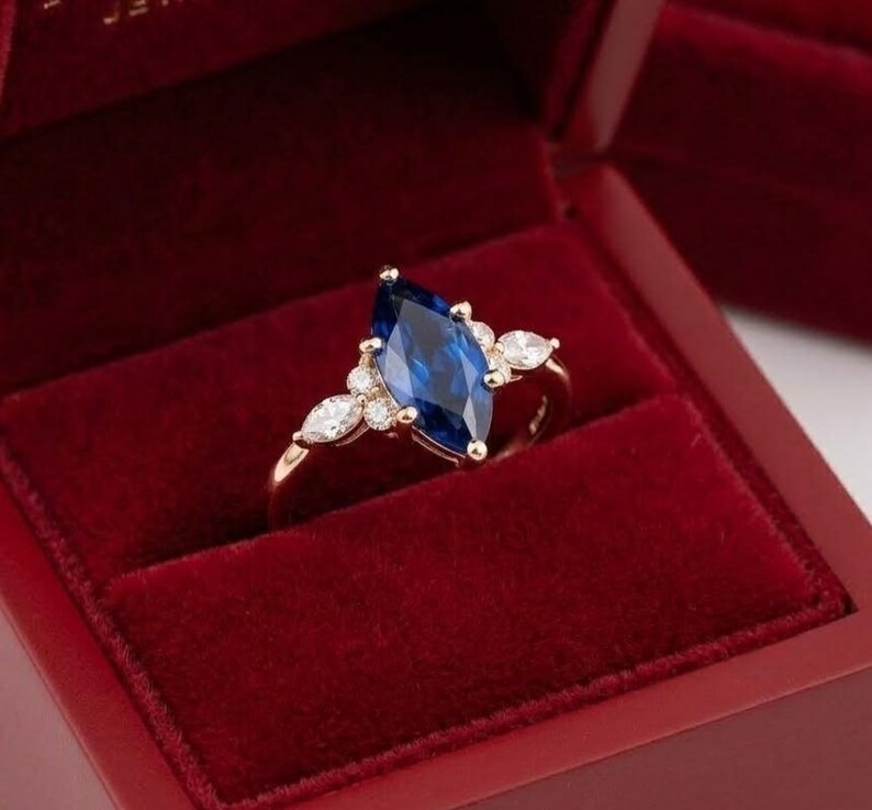 Marquise Cut Blue Sapphire Engagement Ring, 14K Solid Yellow Gold Wedding Ring, Vintage Blue Gemstone Promise Ring, Anniversary Gift for Her
