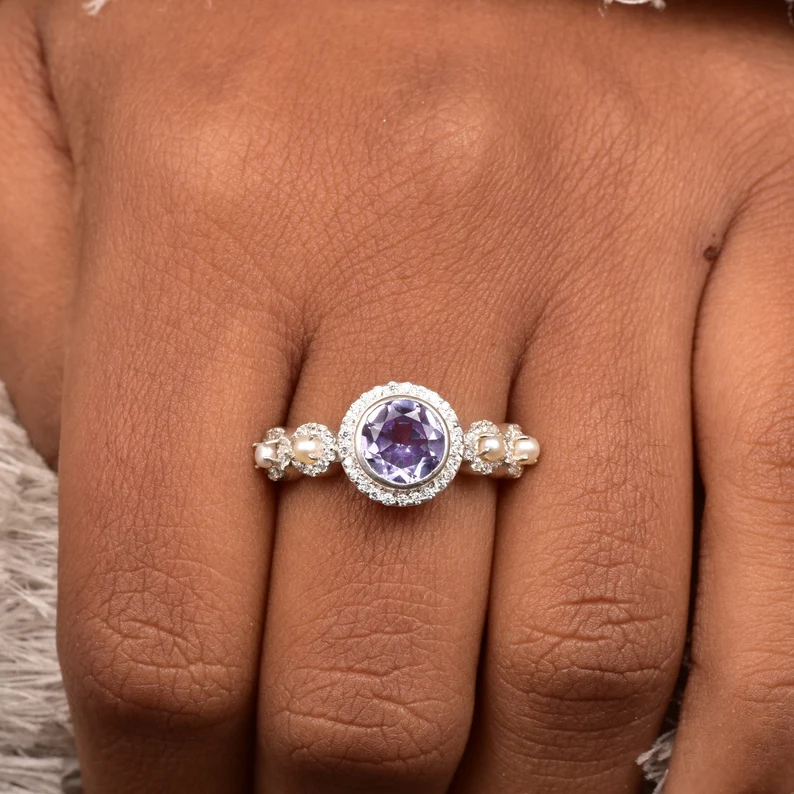 Vintage unique oval Alexandrite engagement ring 14k rose gold Akoya Pearl ring halo moissanite ring 8 prong bridal wedding ring for women