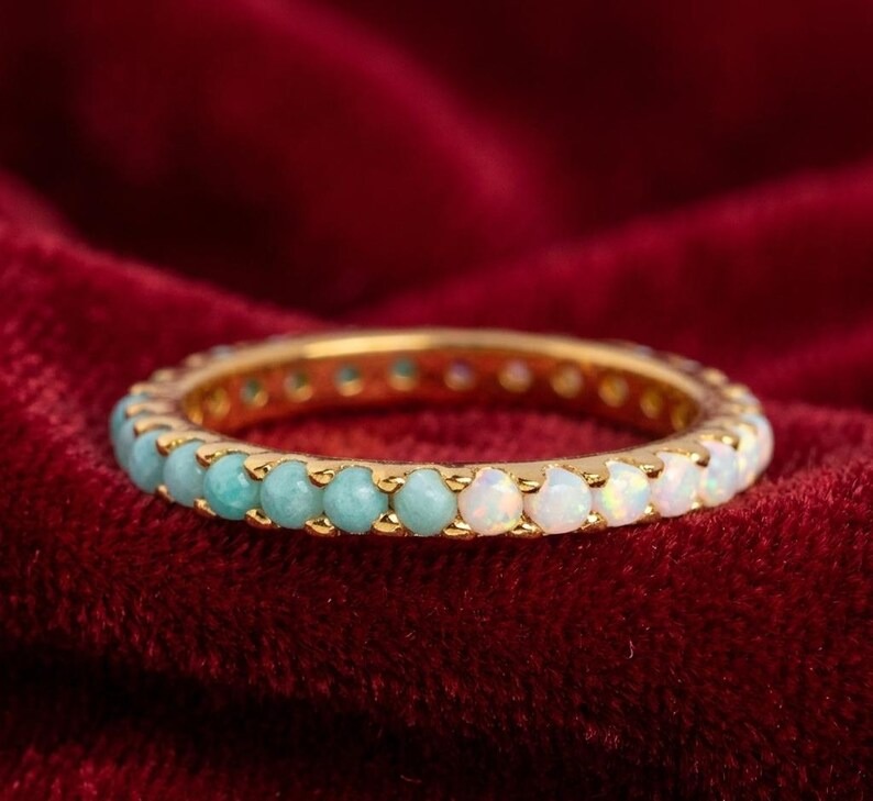 Vintage Solid Gold Full Eternity Band, Opal & Turquoise Solitaire Wedding Band, Anniversary Gift For Wife, Round Natural Gemstone Ring