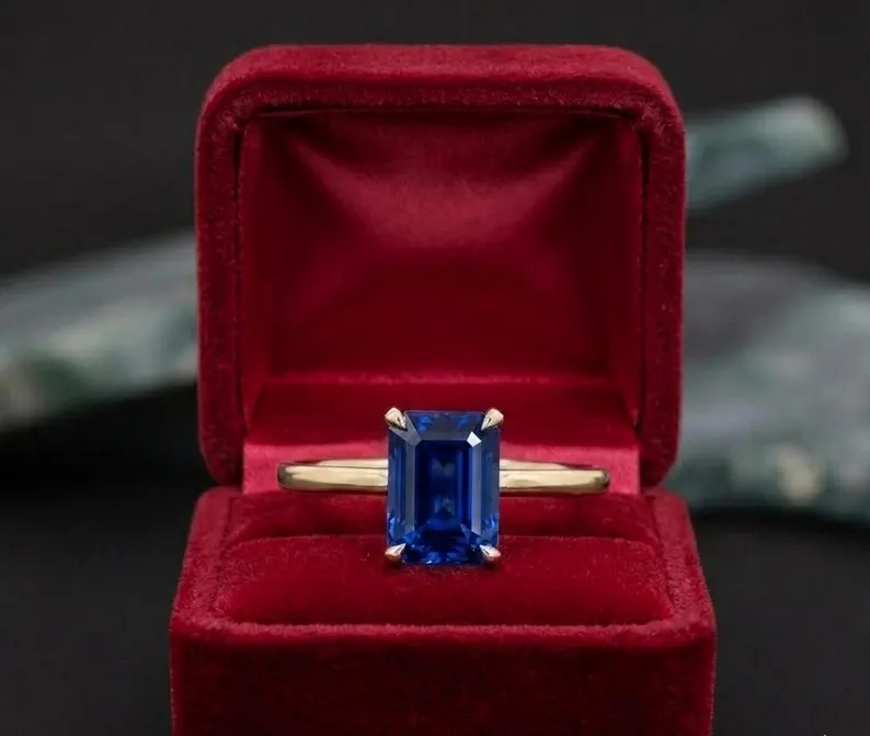 Emerald Cut Sapphire Ring, Vintage 14k Solid Gold Anniversary Ring, September Birthstone Gifts Women, London Blue Sapphire Engagement Ring