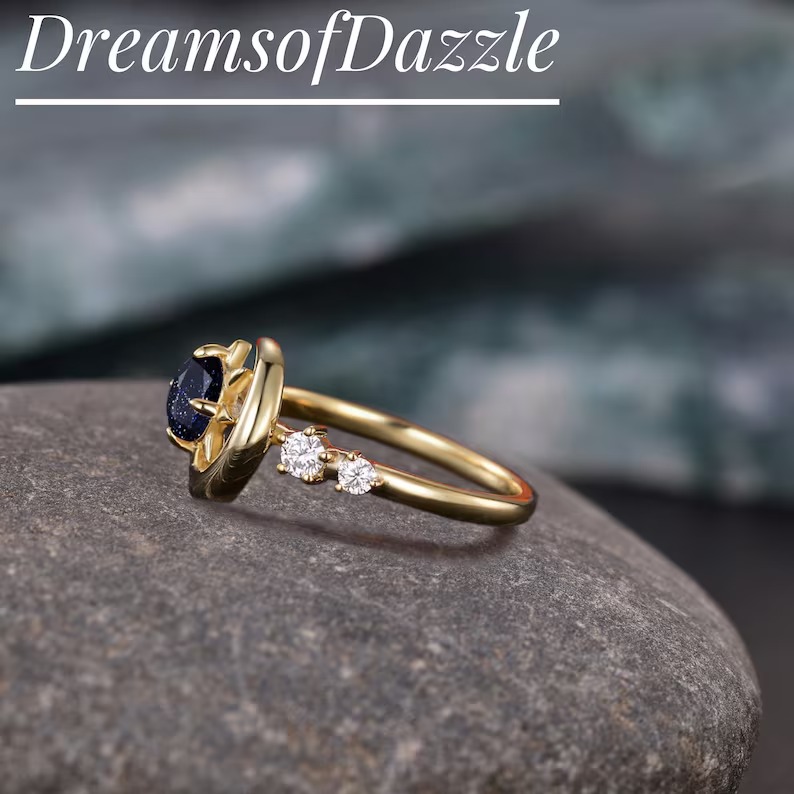 Nature Inspired Galaxy Blue Sandstone Engagement Ring, Moon Star Design Round Sandstone Ring, Starry Sky Goldstone Ring Promise Gift Ring