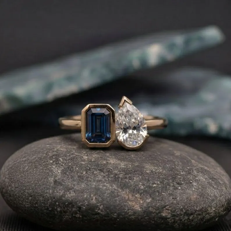 Two Stone Bezel Sapphire Moissanite Ring, Toi Et Moi Ring, Pear & Emerald Cut Gemstone Ring, 14k Rose Gold Ring, Anniversary Gift For Her