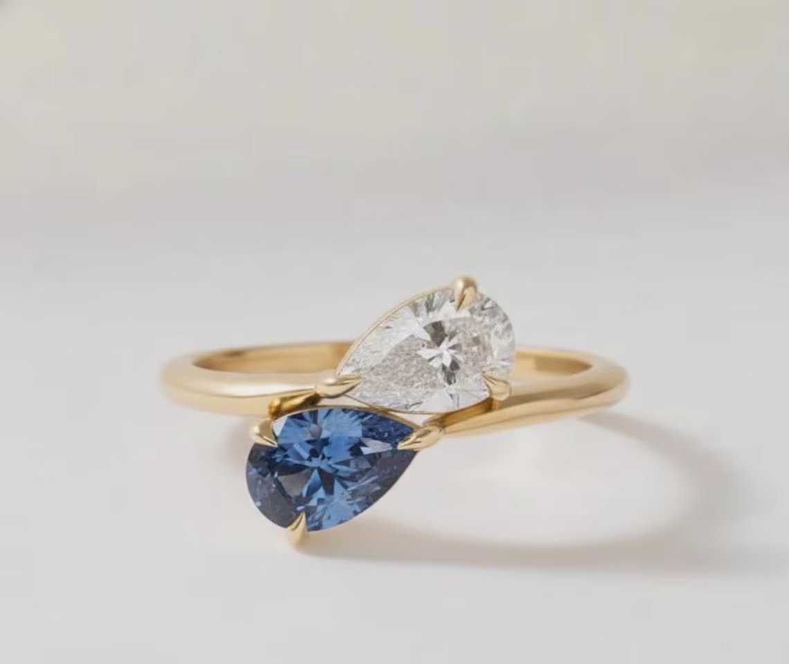 Vintage Toi Et Moi Engagement Ring, Blue Sapphire & Pear Moissanite Ring, 14k Gold Promise Ring, Two Stone Wedding Ring, Anniversary Gift