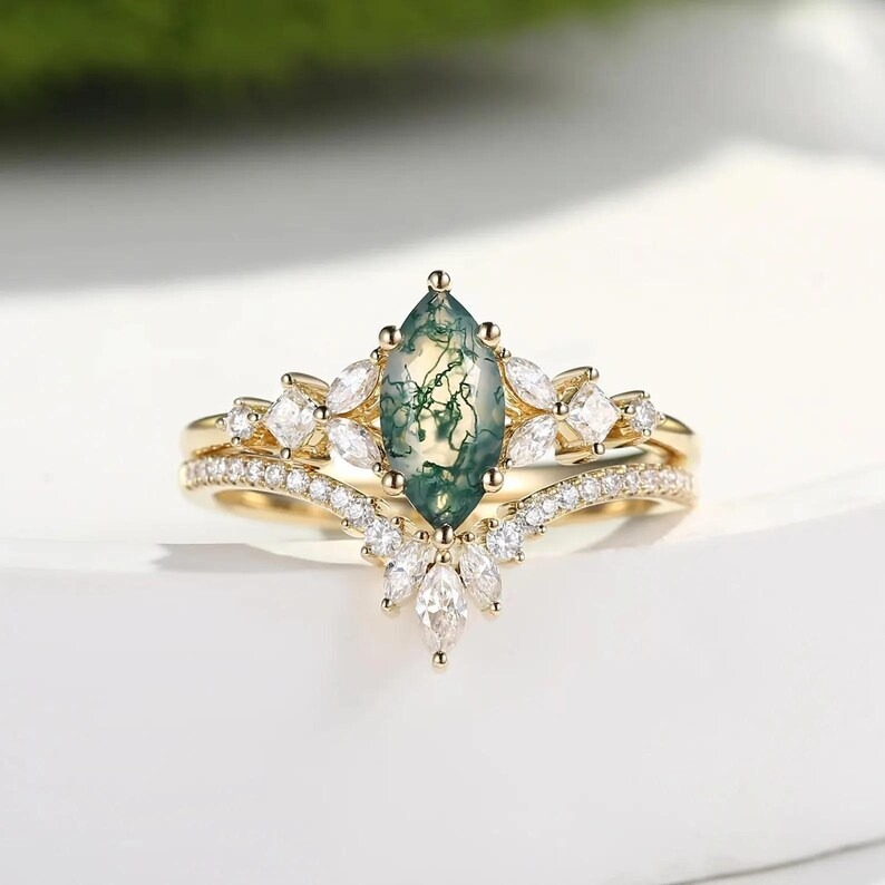 Marquise Cut Moss Agate Engagement Ring Set, Vintage Cluster Curved Moissanite Wedding Ring, Nature Inspired Anniversary Ring Set For Women