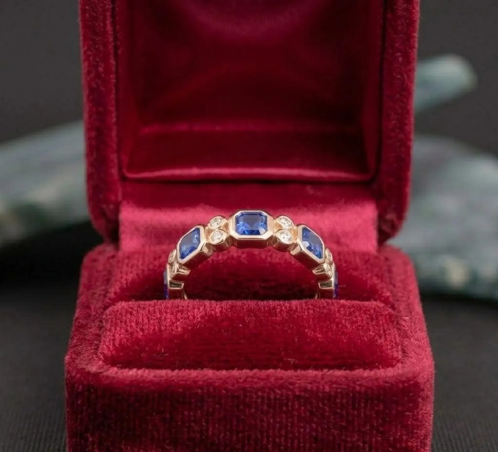 Princess Cut Sapphire Wedding Band, Blue Gemstone Jewelry, Dainty Promise Ring, Half Eternity Stacking Matching Band, Bridal Ring for Women