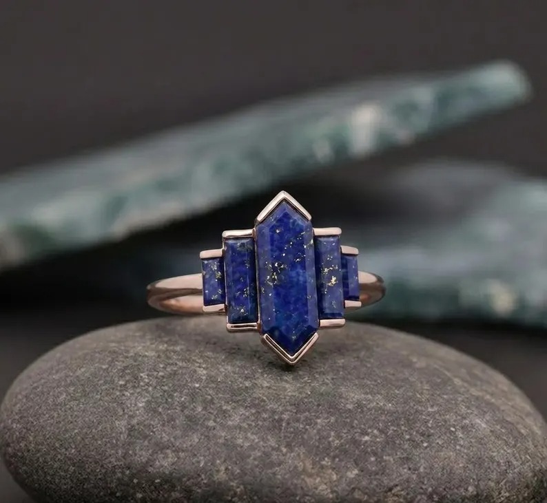 Hexagon Cut Lapis Lazuli Five Stone Wedding Ring, 14K Yellow Gold Half Bezel Minimalist Art Deco Blue Gemstone Engagement Ring, Promise Ring