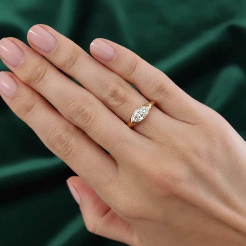 Marquise Moissanite Ring: East-West Sterling Silver Signet, Bezel Set Diamond wedding ring, Promise Ring Diamond Solitaire Delicate Ring