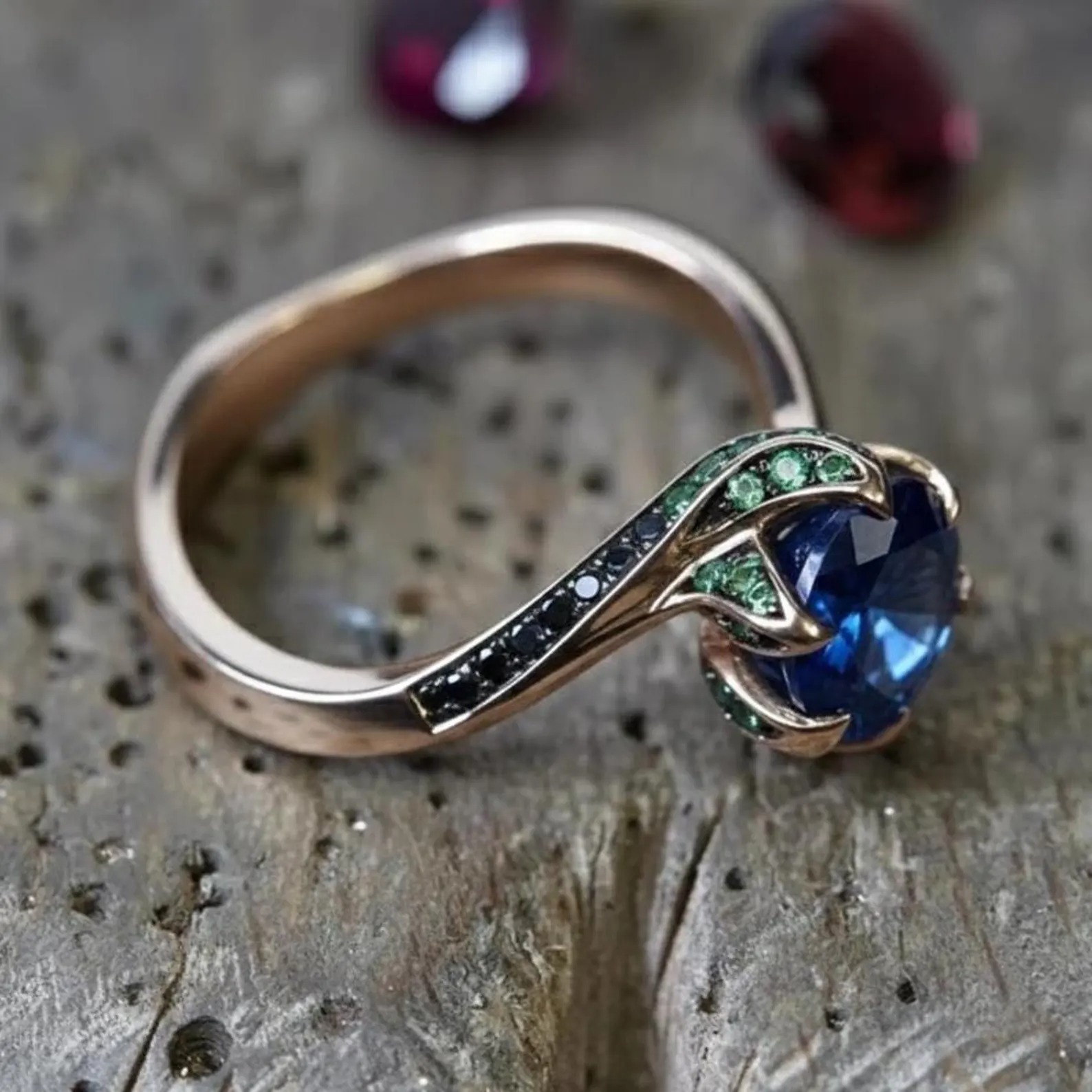 Blue Sapphire Engagement Ring, 14k Gold Round Cut Blue Gemstone Ring, Handmade Art Deco Green And Black Accents Ring, Anniversary Jewelry