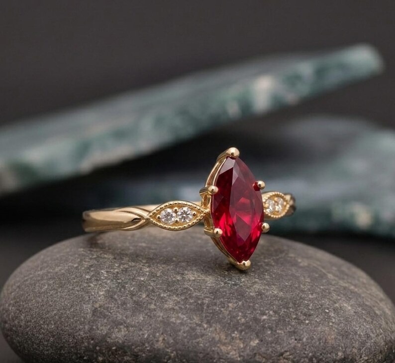 Marquise Ruby Ring Gold | Vintage Engagement Ring | Ruby Diamond Ring | Handmade Dainty Bridal Ring | Unique Gemstone Jewelry Gift for Her