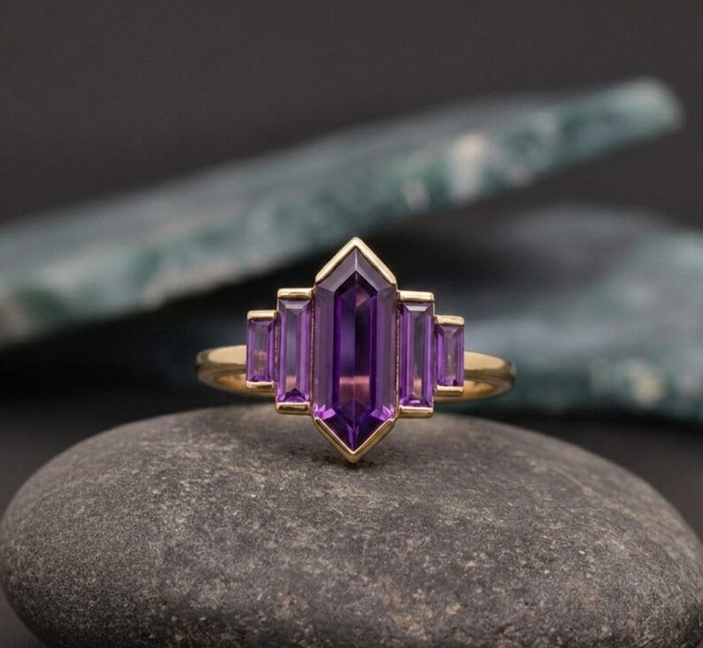 Hexagon Cut Purple Amethyst Ring, Unique Rose Gold Engagement Ring, Baguette Cut Ring Bezel Set Ring Vintage Bridal Wedding Anniversary Ring