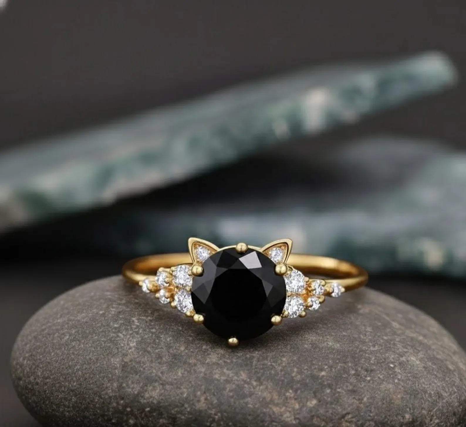Unique Cat Ring Black Gemstone Rose Gold Ring, Unique Cat Lover Gift, Round Black Onyx Diamond Engagement Ring, Cat Ear Promise Ring for Her