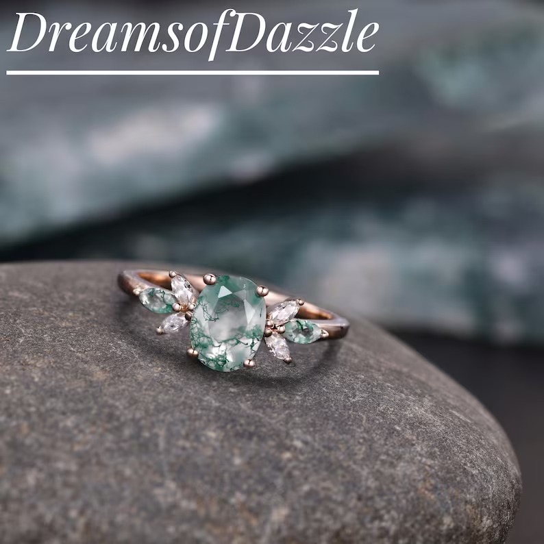 925 Sterling Silver Oval Cut Natural Moss Agate Ring For Women Wedding Engagement Band Gemstone Handmade Promise Ring Anniversary Ring Gift