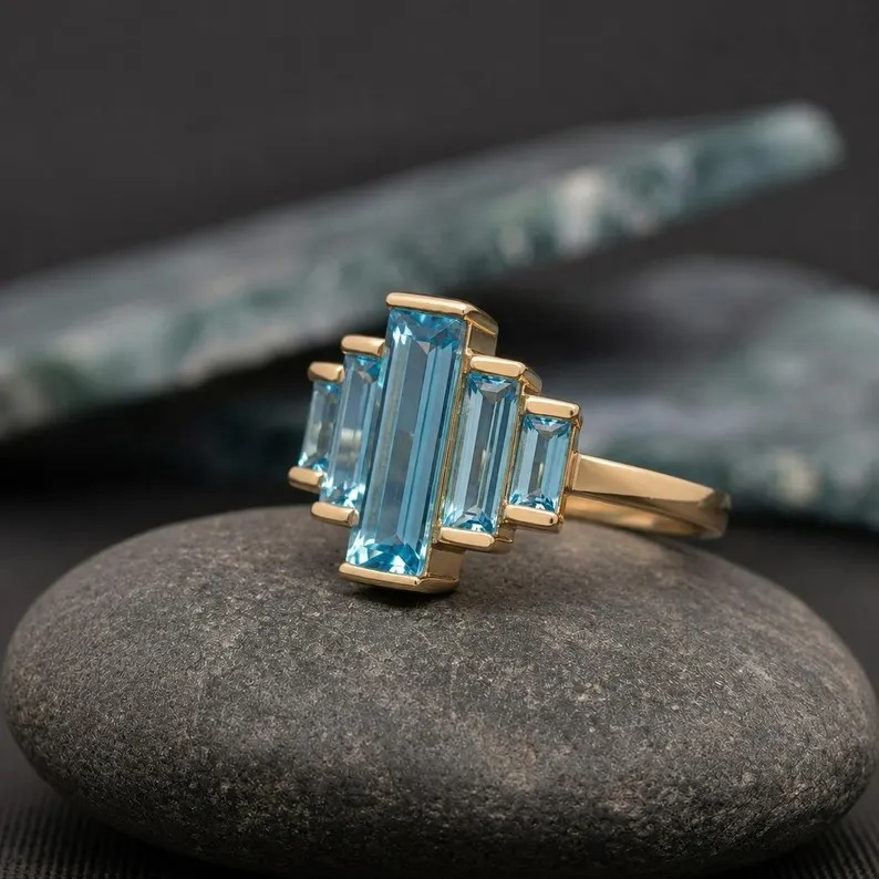 Gold Aquamarine Ring, 14K Gold Baguette Cut Aquamarine Ring, 925 Sterling Silver, Blue Gemstone Ring, Promise Wedding Ring, Gift For Women