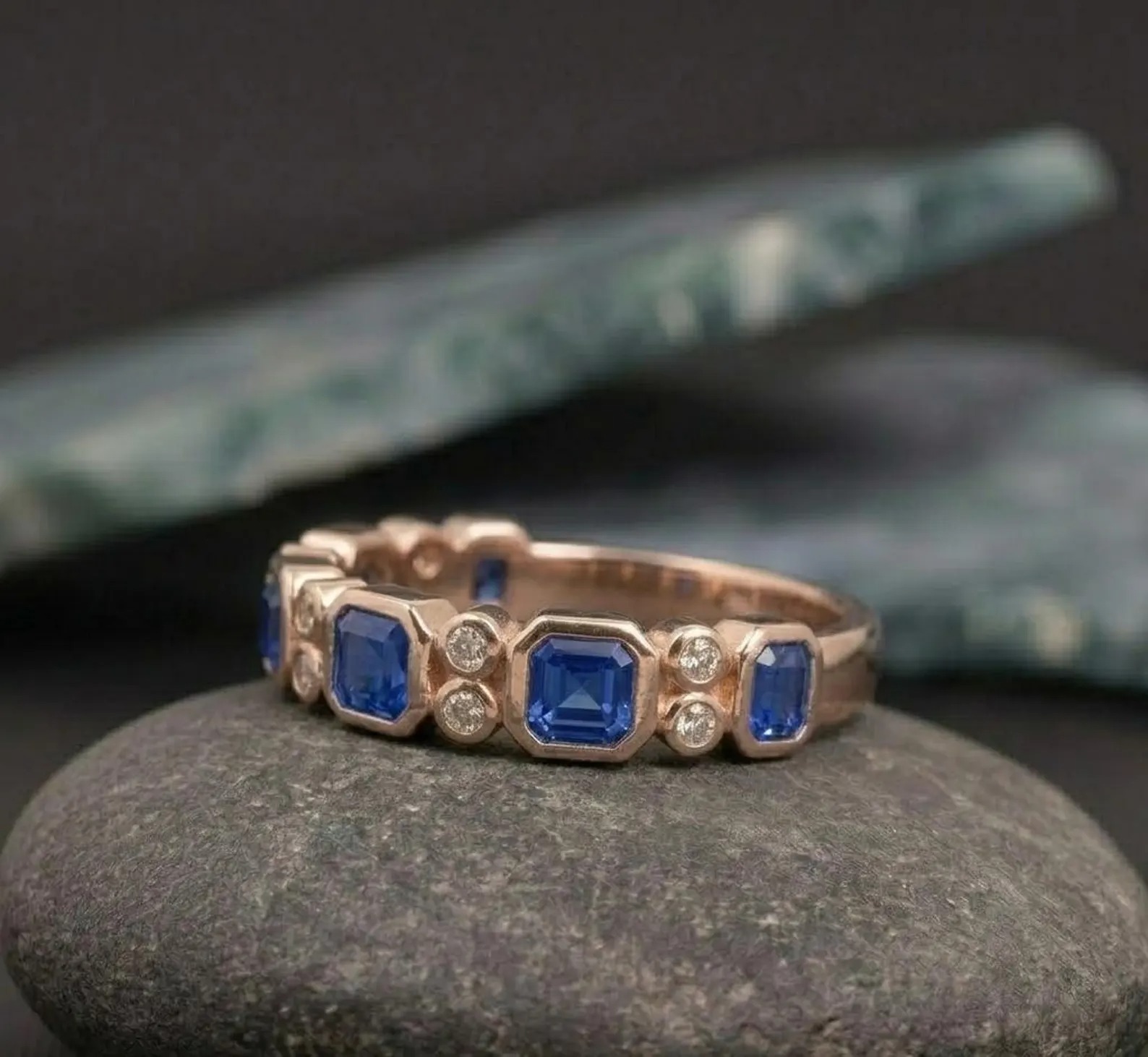 Princess Cut Sapphire Wedding Band, Blue Gemstone Jewelry, Dainty Promise Ring, Half Eternity Stacking Matching Band, Bridal Ring for Women