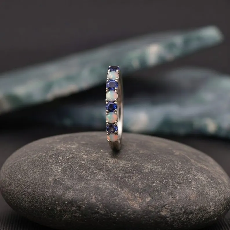 Opal Wedding Band, Dainty Opal and Sapphire Half Eternity Band, Matching Band, Birthstone Ring, Stacking Ring, Anniversary Gift For Women