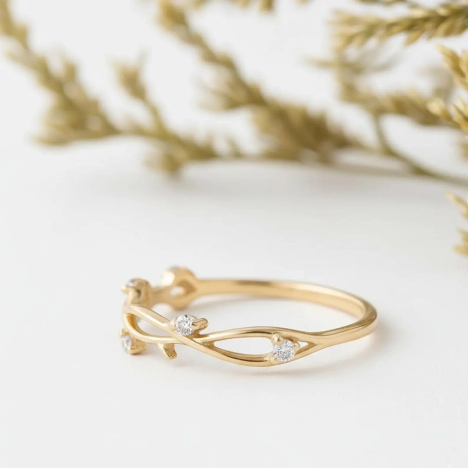 Half Eternity Twig Band Ring, Round Cut Diamond Band, Vintage Art Deco Cluster Wedding Band, Leaf Design Unique Band Ring, Women's Gift Ring