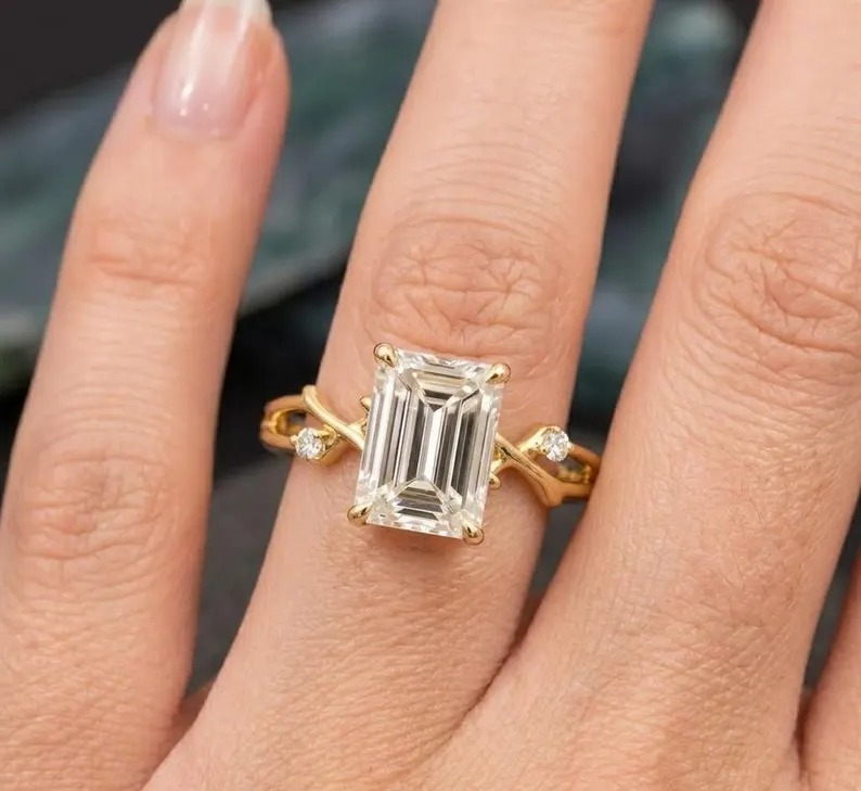 3CT Emerald Moissanite Engagement Ring, 14K Gold Hidden Halo with Diamond Cluster Ring, Nature Inspired Moissanite Ring, Anniversary Gift