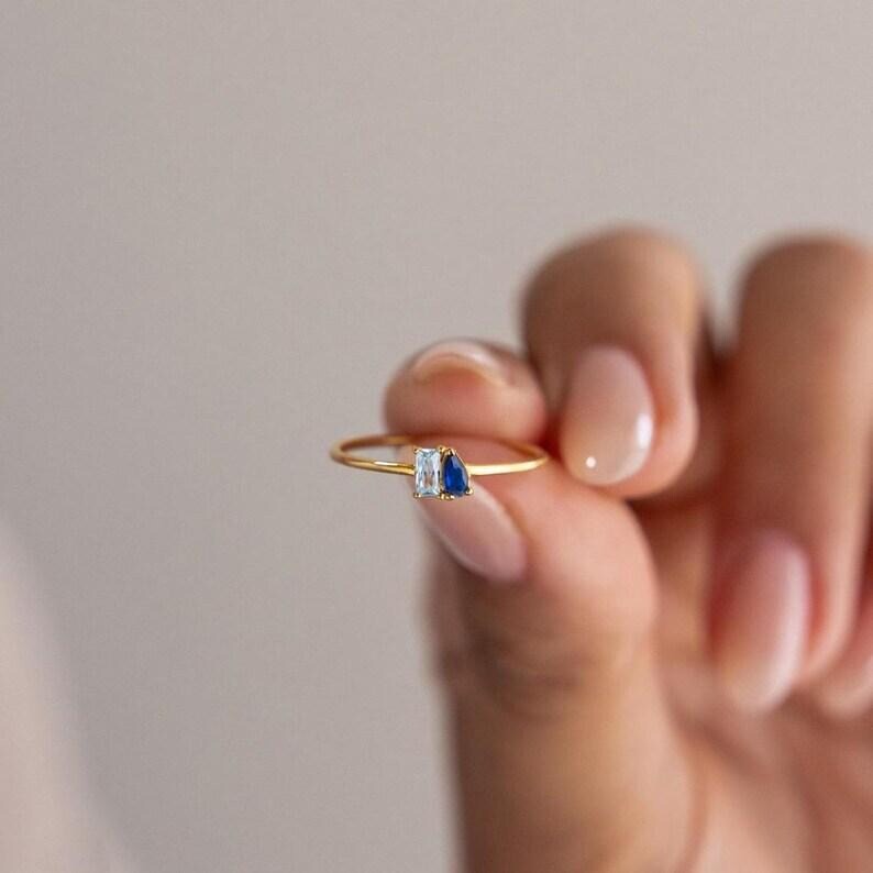 Vintage Toi Et Moi Engagement Ring, Baguette Aquamarine & Pear Sapphire Ring, 14k Rose Gold Promise Ring, Two Stone Wedding And Couple Ring