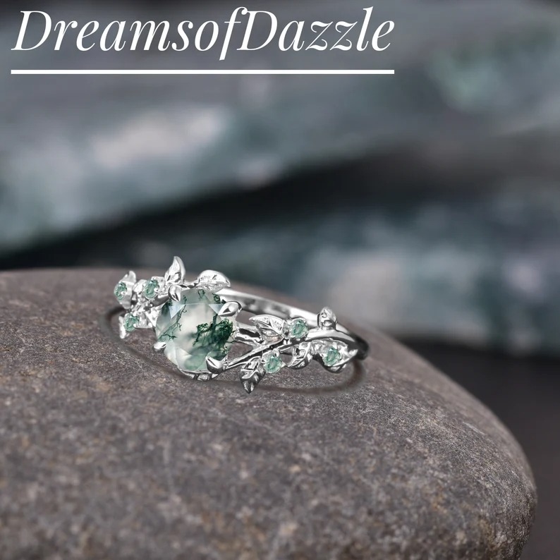 Vintage moss agate engagement ring round art deco leaf promise ring Nature inspired solid white gold cluster ring Unique Anniversary gifts