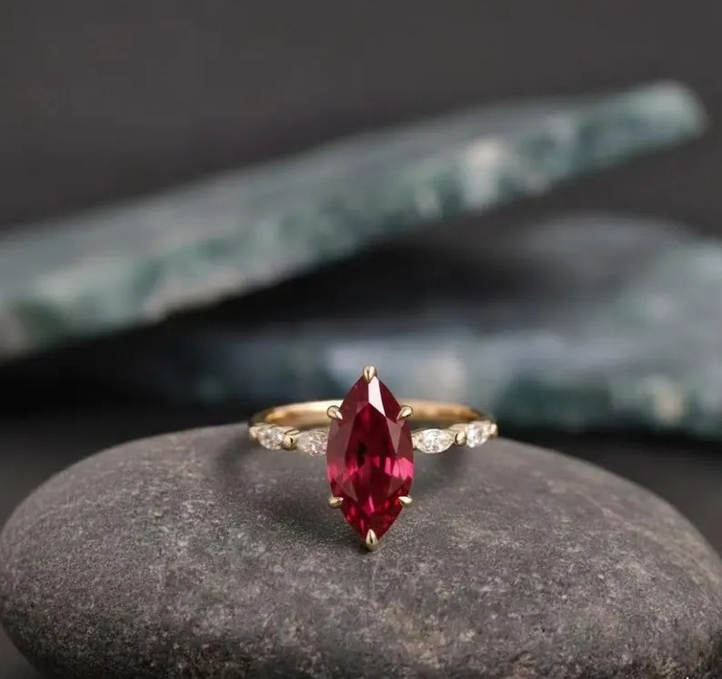 Ruby Ring, Marquise Cut Ruby Engagement Ring, Hidden Halo Weeding Ring With Marquise Side CZ Accent Ring, Anniversary & Bridal Gift For Her