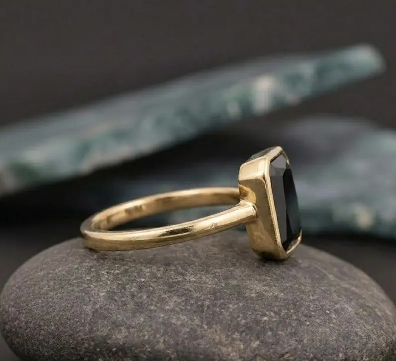 Emerald Cut Black Onyx Engagement Ring, Vintage Black Gemstone Unique Bridal Ring, Bezel Set Solitaire Onyx Ring, Anniversary Handmade Gift