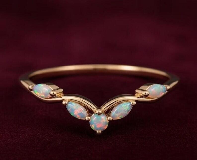 Delicate Opal Vintage curved wedding band Unique rose gold Marquise Art deco Matching stackable Opal ring Women Dainty bridal Promise Rings