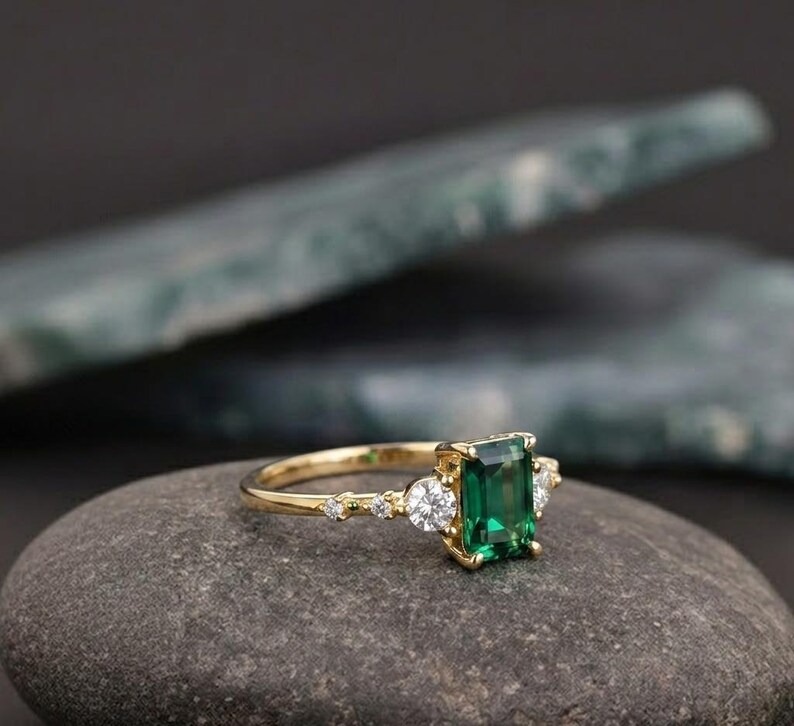 Green Emerald Engagement Ring, Classic Gold Ring with Diamond Accents, Vintage Emerald Cut Green Gemstone Ring, Christmas Gift, Gift For Her