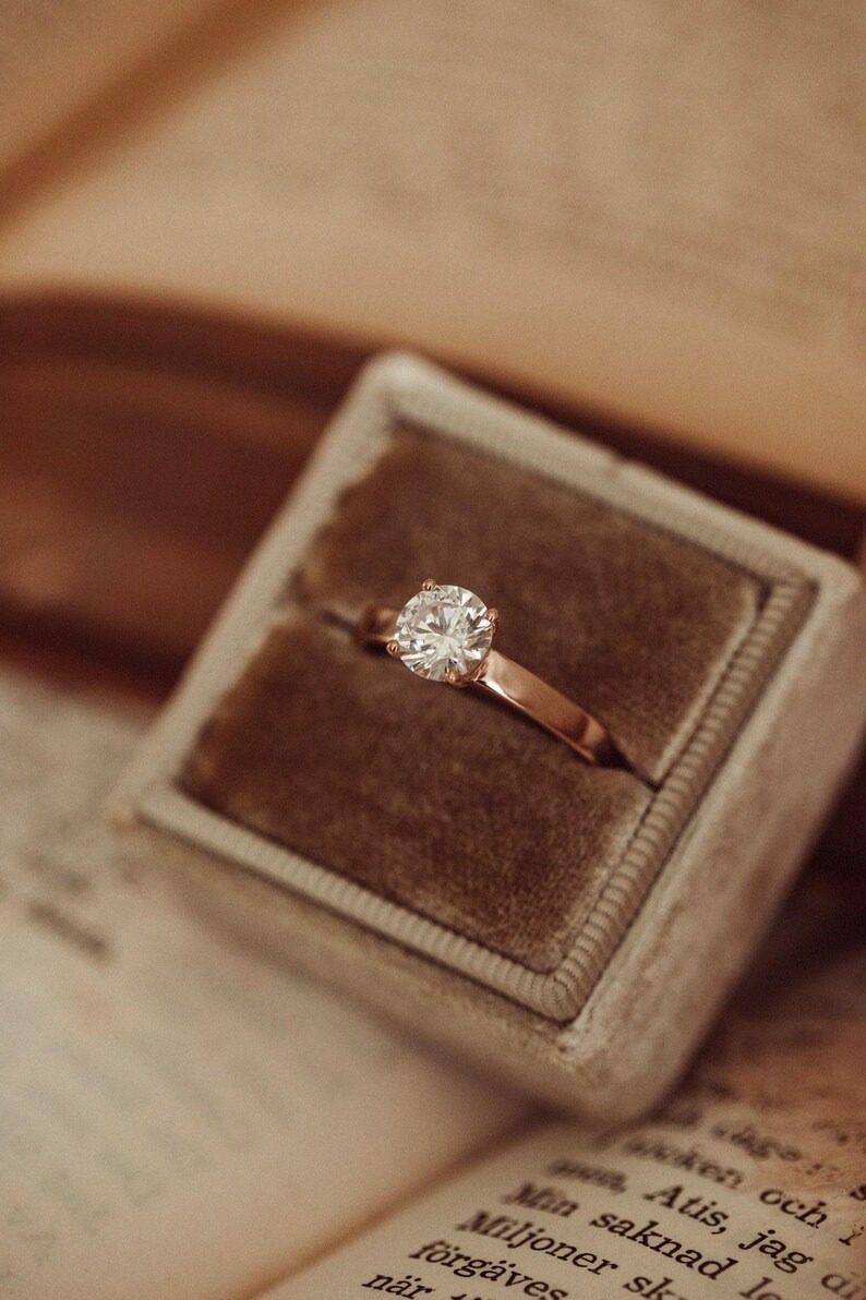 14K Solid Gold Round Cut Solitaire Moissanite Engagement Ring, Two Tone 4 Prongs Promise Ring, Wide Band Wedding Ring, Proposal Ring for Her