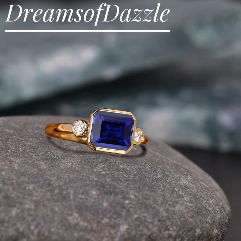 Blue Gemstone Ring,8x11mm Emerald Cut Sapphire Center Engagement Ring,Vintage Anniversary Ring,Prong Set Ring,Birthstone Ring,Gift For Women