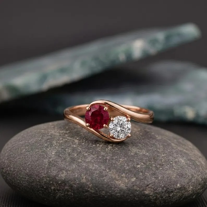 Toi et Moi Ruby and Diamond Engagement Ring, 14k Rose Gold Two Stone Ring, Round Cut Lab Ruby Bypass Ring, Forever Us Promise Ring for Women