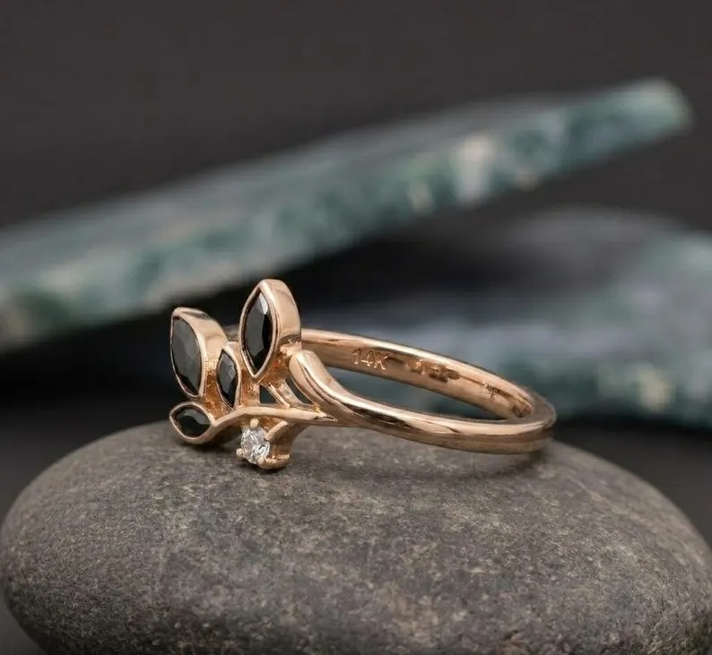 Floral Leaf Marquise Cut Onyx Ring, Dainty Diamond Accent Engagement Ring, Proposal Ring, Nature Inspired Ring For Her, Black Onyx Leaf Ring