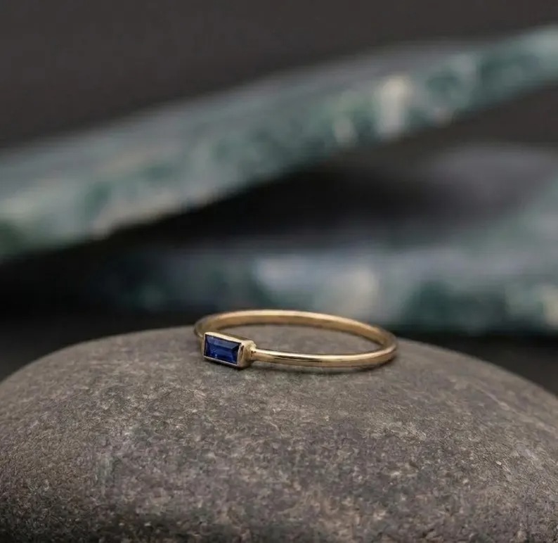 14k Gold Blue Sapphire Engagement Ring, Dainty Baguette Cut Sapphire Ring, September Birthstone Ring, Vintage Baguette Gold Stacking Ring