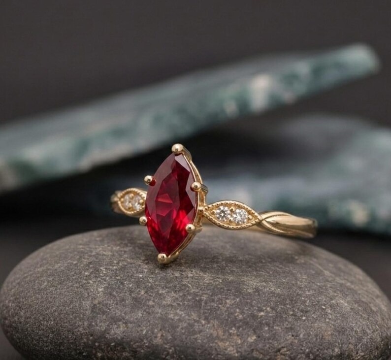 Marquise Ruby Ring Gold | Vintage Engagement Ring | Ruby Diamond Ring | Handmade Dainty Bridal Ring | Unique Gemstone Jewelry Gift for Her