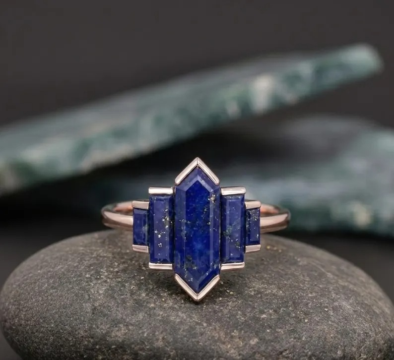 Hexagon Cut Lapis Lazuli Five Stone Wedding Ring, 14K Yellow Gold Half Bezel Minimalist Art Deco Blue Gemstone Engagement Ring, Promise Ring