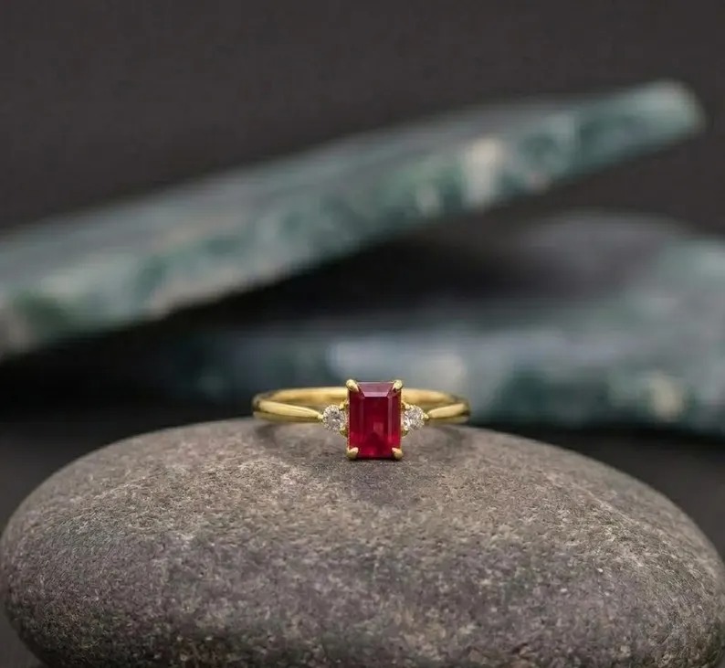 Genuine Ruby Diamond Ring in Gold, Real Ruby Dainty Stacking Ring, Emerald Ruby Jewelry, Ruby Birthstone Dainty Ring, Birthday Gift For Her