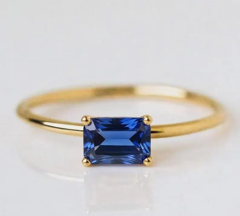 Sapphire Solitaire Ring, Baguette Cut Sapphire Blue Gemstone Ring, September Birthstone Ring, Minimalist Engagement Ring Gift For Her