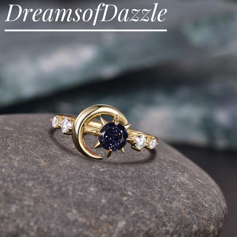 Nature Inspired Galaxy Blue Sandstone Engagement Ring, Moon Star Design Round Sandstone Ring, Starry Sky Goldstone Ring Promise Gift Ring