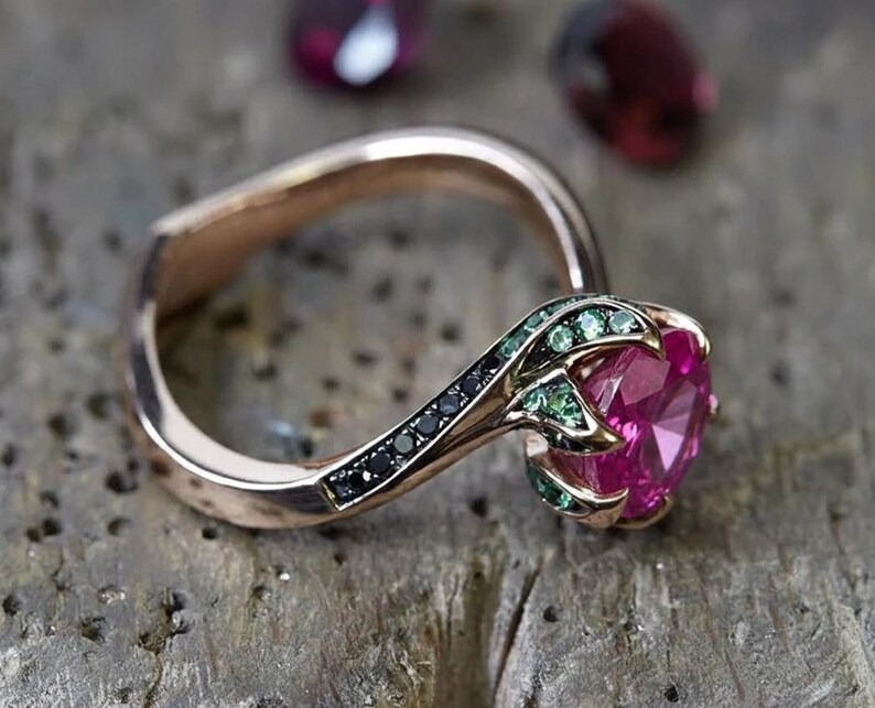 Round Cut Pink Sapphire Ring 18K Yellow Gold Bridal Ring, Delicate Art Deco Jewelry, Green And Black Gemstone Accents, Personalized Ring