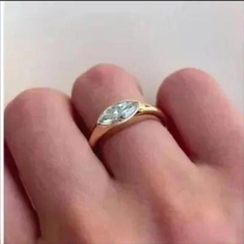 Marquise Moissanite Ring: East-West Sterling Silver Signet, Bezel Set Diamond wedding ring, Promise Ring Diamond Solitaire Delicate Ring