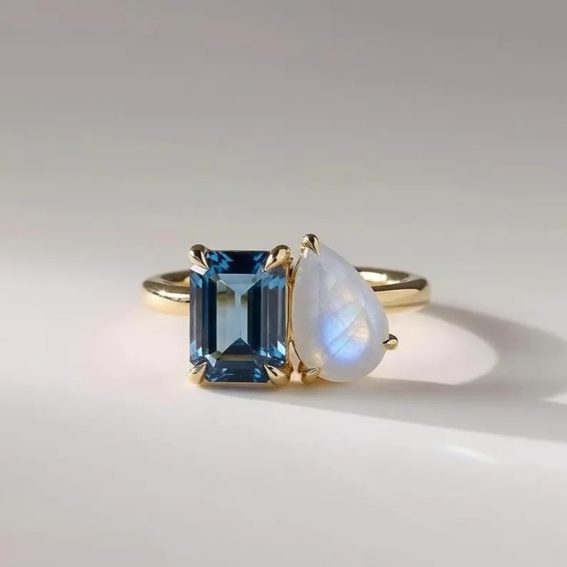 Toi Et Moi London Blue Topaz Engagement Ring, Topaz & Moonstone Wedding Ring, Antique Two Gemstone Bridal Ring,Anniversary Gift Ring For Her