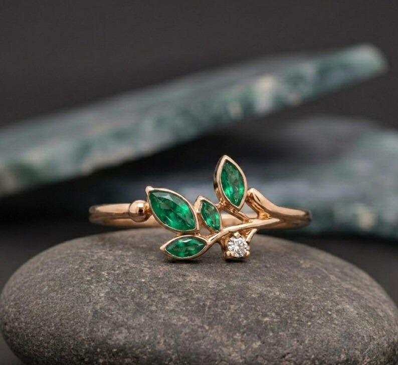Floral Leaf Marquise Emerald Ring, Dainty Green Accent Engagement Ring, Promise Ring, Nature Inspired Ring For Her, Green Gemstone Leaf Ring