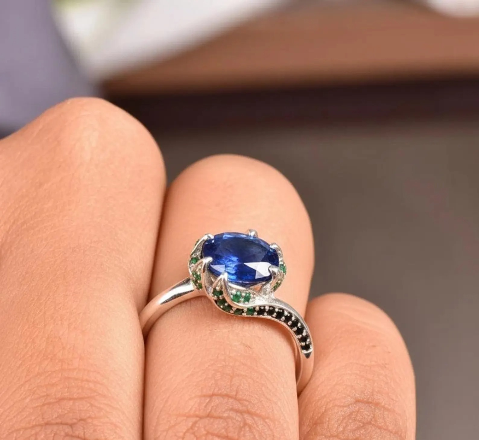 Blue Sapphire Engagement Ring, 14k Gold Round Cut Blue Gemstone Ring, Handmade Art Deco Green And Black Accents Ring, Anniversary Jewelry