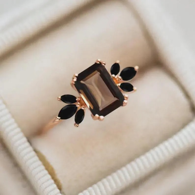 Smoky Quartz & Black Onyx Ring, Emerald Cut Wedding Ring, Cluster Bridal Ring, 14K Solid Gold Anniversary Ring, Double Prong Setting Ring