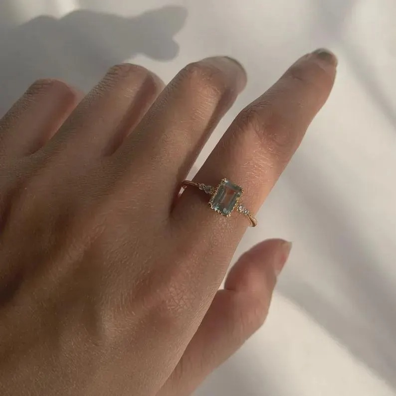 Vintage Green Amethyst Emerald Cut Ring, 14K Solid Yellow Gold Engagement Ring, CZ Round Cut Moissanite Anniversary Ring, Christmas Gift