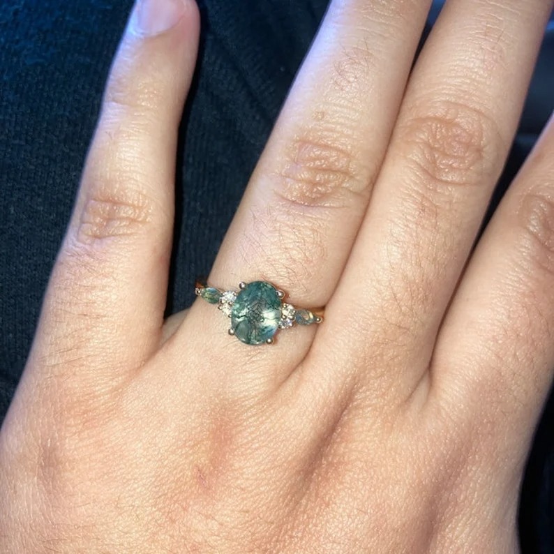 1.5ct Oval Cut Natural Moss Agate Engagement Rings Rose Gold Silver Cluster Aquatic Agate Promise Ring Marquise Moss Moissanite Wedding Ring