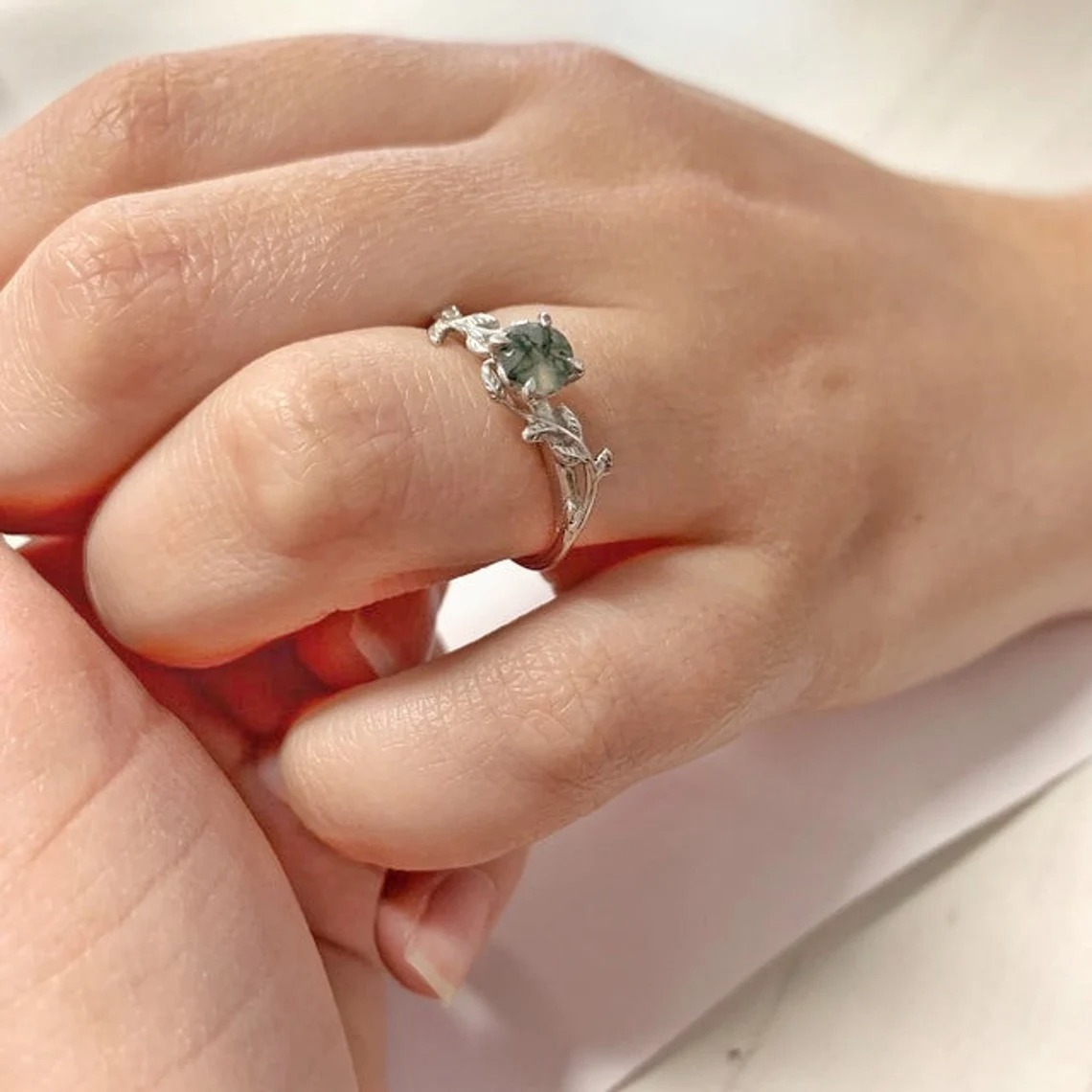 Vintage moss agate engagement ring Art deco leaf promise ring Nature inspired solid 14K 18K white gold cluster ring Unique Anniversary gifts
