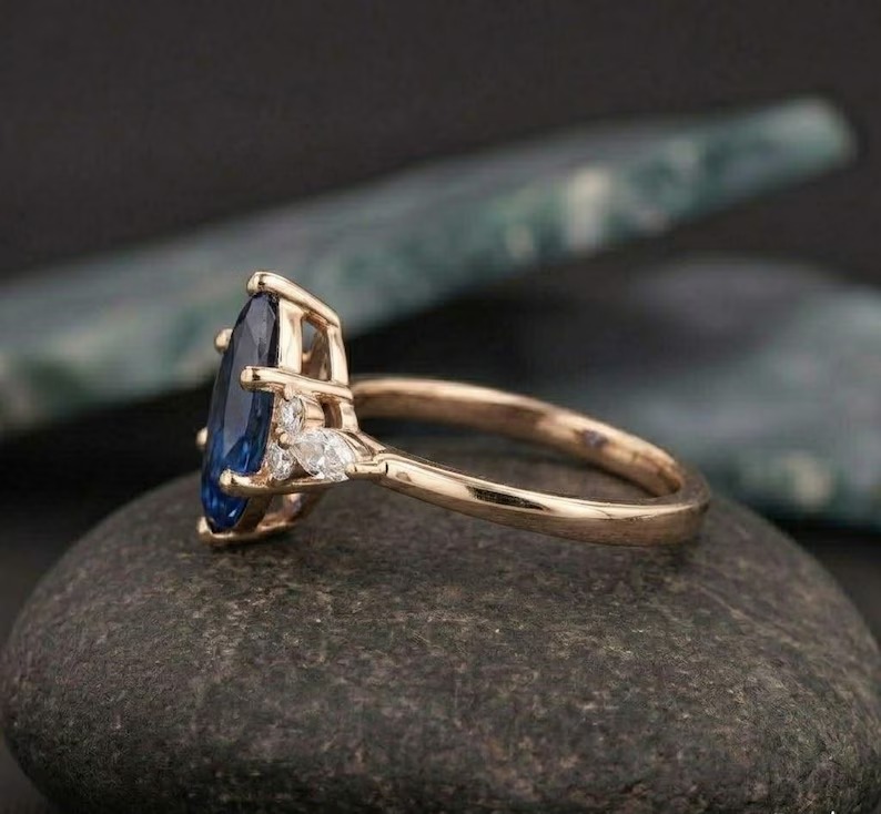 Marquise Cut Blue Sapphire Engagement Ring, 14K Solid Yellow Gold Wedding Ring, Vintage Blue Gemstone Promise Ring, Anniversary Gift for Her